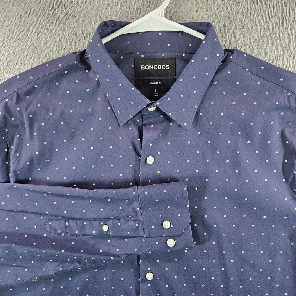 Bonobos Mens Standard Fit Performance Shirt Navy Diamond Print Large L Long Slv